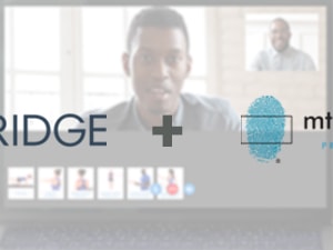 Logos of Medbridge and MTI Physical Therapy appear over a blurred video call on a laptop screen.