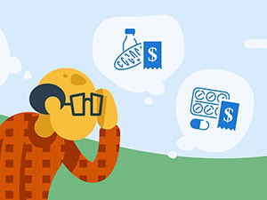 Illustration of an older adult concerned about rising costs, with thought bubbles showing housing, food, and medication, highlighting food insecurity.