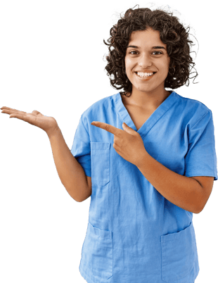 A person in blue scrubs smiles while gesturing to their open palm, representing medbridge's role in healthcare education.