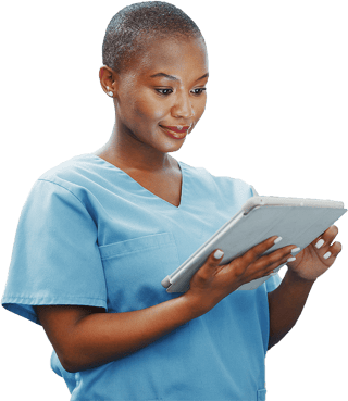 A healthcare professional in blue scrubs examines a tablet, illustrating medbridge's role in tech-driven education.
