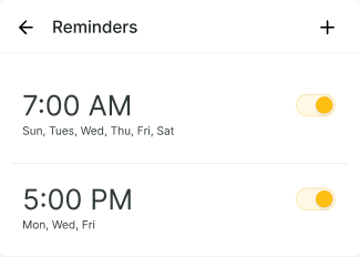 Reminders app with two enabled alerts: 7:00 AM most days, 5:00 PM Mon, Wed, Fri; digital healthcare solution from medbridge.