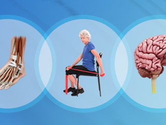 Illustration depicting fitness and health elements against a gradient blue background, inspired by medbridge.