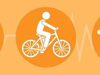 Icons of a person walking, cycling, and swimming on orange backgrounds with heartbeat lines, related to medbridge.