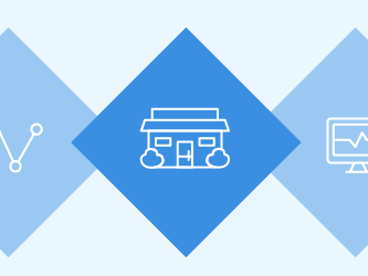 Three diamond shapes—left with a line graph, center in darker blue with a storefront icon, right with a computer monitor and graph.