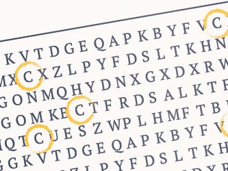 A word search puzzle on wood with letters circled in yellow, featuring "C" and "X," from medbridge.