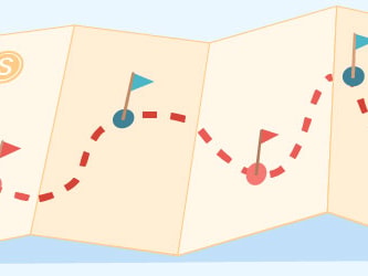 Illustration of a folded map with a red path from a compass to an orange flag, featuring interim path markers.