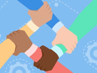 Four cartoon hands of diverse skin tones form a square on a blue background with gear icons, representing medbridge services.
