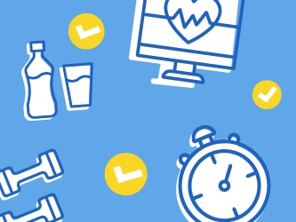 Icons of fitness items and a calendar against a blue background with yellow check marks, representing Medbridge.