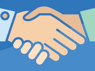 Medbridge illustration of a handshake: light blue and green sleeves on a blue background.