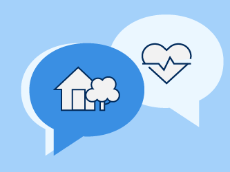 Two speech bubbles on a blue background represent home and health, reflecting medbridge's focus.