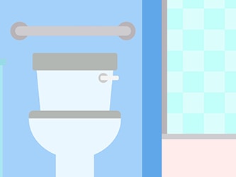 Bathroom illustration with a toilet, pale blue cabinets, safety rail, and checkered window.