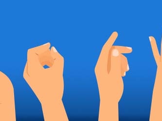 Four cartoon hands making gestures on a blue Medbridge background.