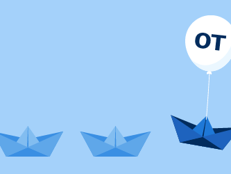 A white balloon labeled "OT" lifts a darker paper boat above three others, symbolizing it standing out.