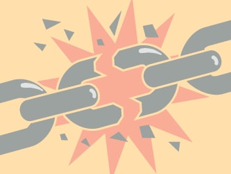 A gray chain breaks in the middle with an orange burst and fragments in the background.