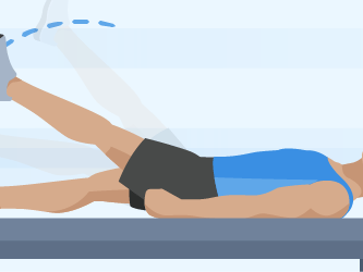 Person in blue tank top and shorts doing a single-leg raise on a bench.