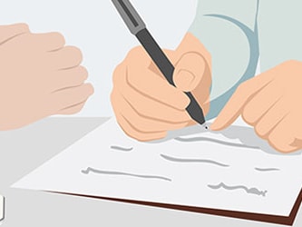 Two people are at a table with papers, a pen, a smartphone, and glasses in front of them.