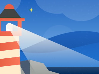 Illustration of a lighthouse with red and white stripes on rocks, shining a beam across a starry night over the ocean.