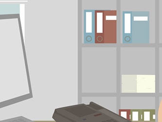 A woman in a pink shirt talks on a corded phone at an office desk with a monitor, world map, and shelves behind her.