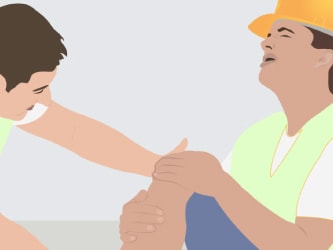 A Medbridge video shows a construction worker on the ground with an injured knee, assisted by another worker.