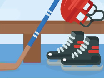 Hockey gear is arranged on a bench against a blue background.