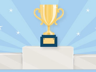 A gold trophy on a podium with a blue Medbridge background and white stars.