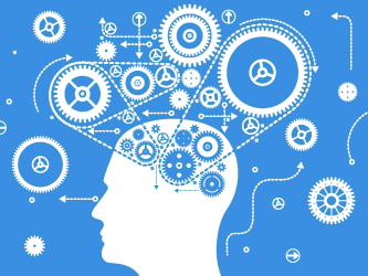 Silhouette of a human head with gears and arrows, symbolizing creativity, on a blue background for medbridge.