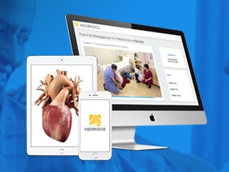 Man on phone with medbridge devices showing medical content against blue backdrop with woman's outline.
