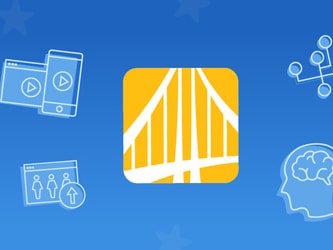 A yellow square featuring a bridge icon, surrounded by hand gestures, devices, networks, and human profiles on a blue background representing medbridge.