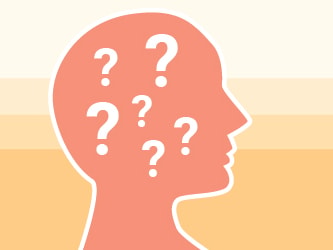 Silhouette of a head filled with question marks on beige and orange striped background for medbridge.