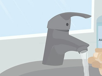 Illustration of handwashing with soap under a faucet, next to a 60% alcohol hand sanitizer bottle, for medbridge.