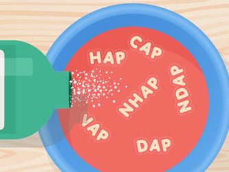 A green bottle labeled "iii" pours white particles into a blue bowl of red soup with letter-like shapes, next to a gray spoon on wood.