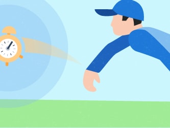 Baseball player pitching an alarm clock on a grassy field for medbridge.