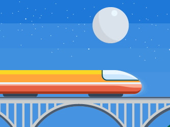 Illustration of a modern train on a bridge under a starry night sky, heading toward a tunnel in a green hill.