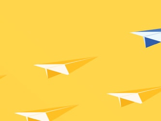 A blue paper airplane leads four yellow ones on a yellow background.