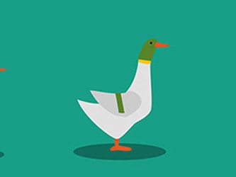 Three ducks with green heads and white bodies walk in a line from smallest to largest on a teal background.