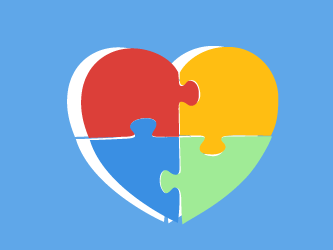 A heart-shaped puzzle in red, yellow, green, and blue pieces on a light blue background for Medbridge.