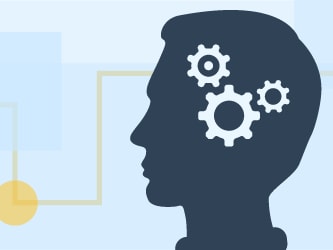 Silhouette of a head with gears, linked to yellow nodes, on a light blue background for medbridge.