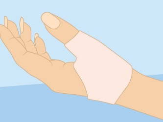 Medbridge-style illustration of a hand with a bandaged thumb.