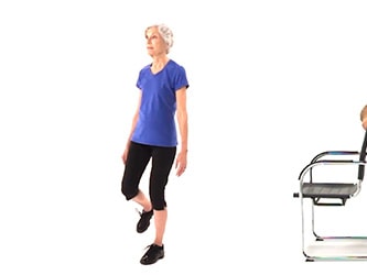 Three seniors exercise in blue shirts against a white background, showcasing seated, one-leg balance, and chair-supported kneeling postures for medbridge.