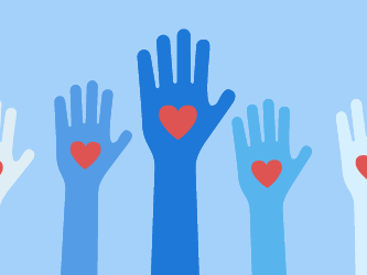 Five blue-toned hands with red hearts on palms, set against a light blue backdrop.
