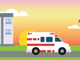 Cartoon ambulance on a road at sunset between a hospital and house, promoting Medbridge.