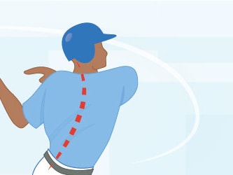 Illustration of a baseball player in a blue uniform swinging a bat, with a red dashed line suggesting spine focus.