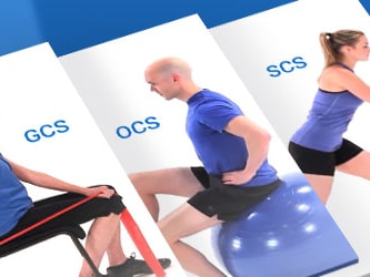 Three people exercising with Medbridge labels: a seated woman using a resistance band "GCS," a man on a stability ball "OCS," and a woman doing lunges "SCS.