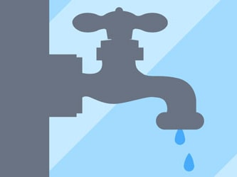 Gray faucet with blue droplets on a light blue background.