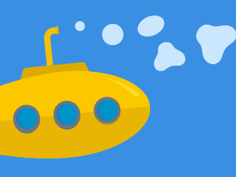 Yellow submarine with round windows emits blue paw-print bubbles on a blue background.