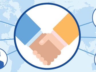 Handshake illustration with six connected silhouetted figures on a world map, symbolizing Medbridge collaboration.
