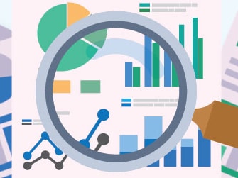 Magnifying glass over documents with charts and graphs, emphasizing medbridge data analysis.