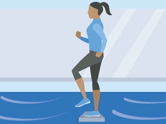 Illustration of step aerobics exercises on a blue platform, featuring knee lifts, steps, and leg curls with a mirrored background.