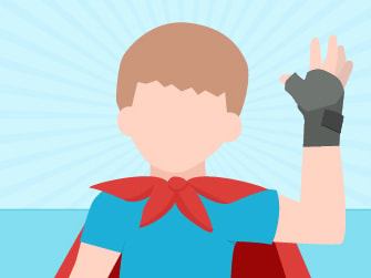 Illustration of a superhero with short hair and a blue and red costume, set against a blue radial background.