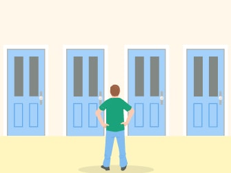 Person considering which of the seven identical blue doors to choose, in front of them, as part of a medbridge illustration.